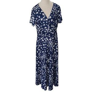CT508 Huhot Navy & White Floral Fake Wrap Dress XL